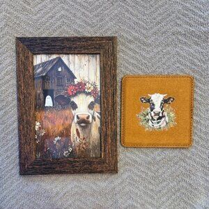 Hand crafted- Rustic Cow & ghost Art framed with 1 cow coaster! I love cows